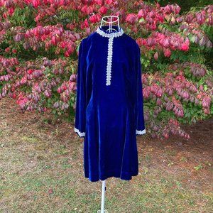 vintage 70s dress 1970s long sleeve velvet  deep blue rhinestone glitter | S-M |